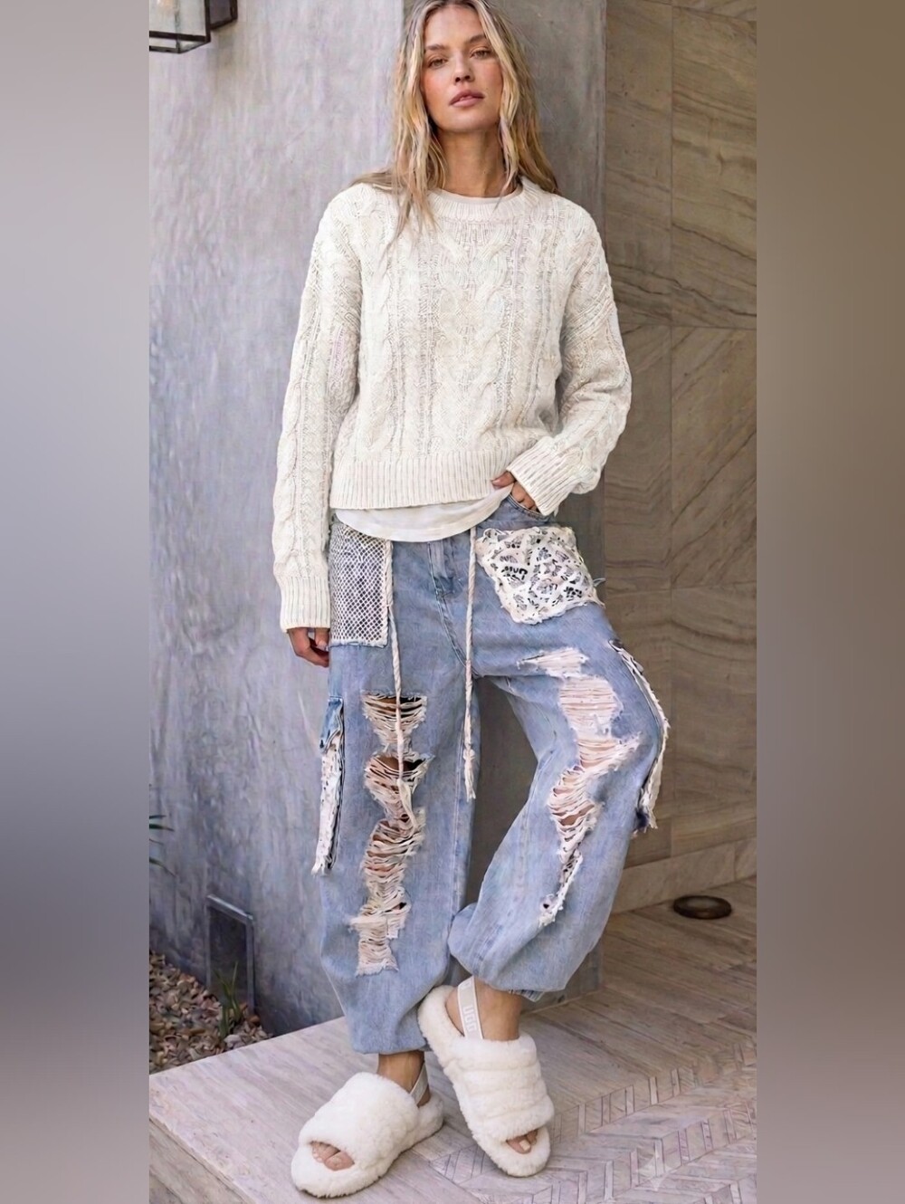 POL Blue Denim Jeans with Distressed Lace Design